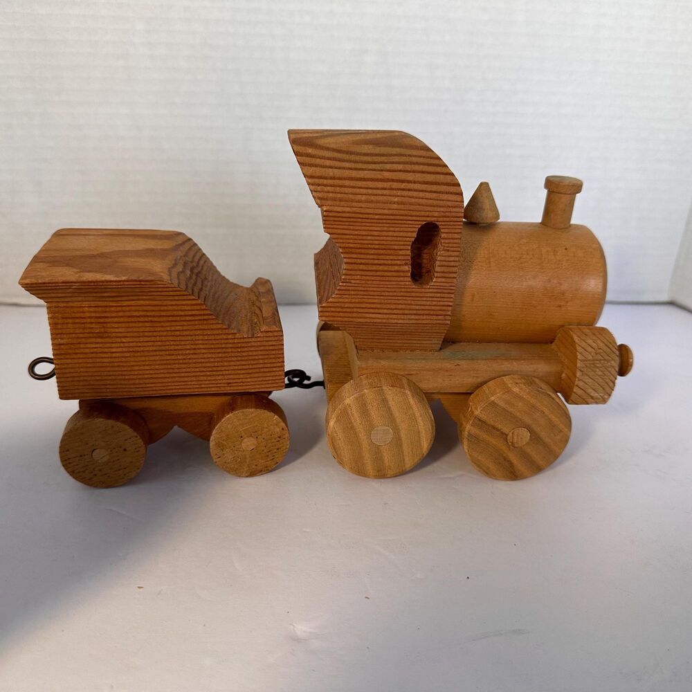 Vintage Handcrafted Wooden Toddler Toy Push Train Engine and Car